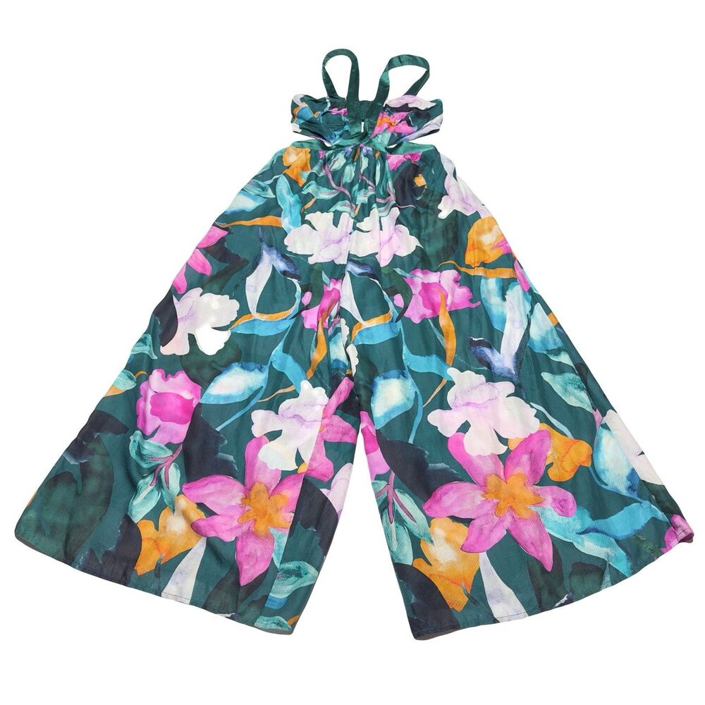 ANTHROPOLOGIE V NECK CUT OUT BACK JUMPSUIT Size S green floral wide leg NWT